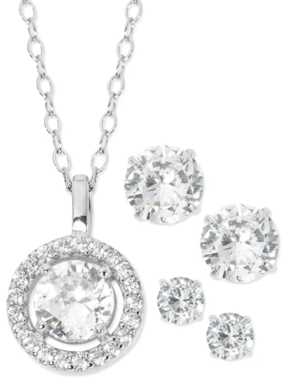 Sterling Silver Clear Crystal Halo Pendant Necklace with Stud Earrings - Clear